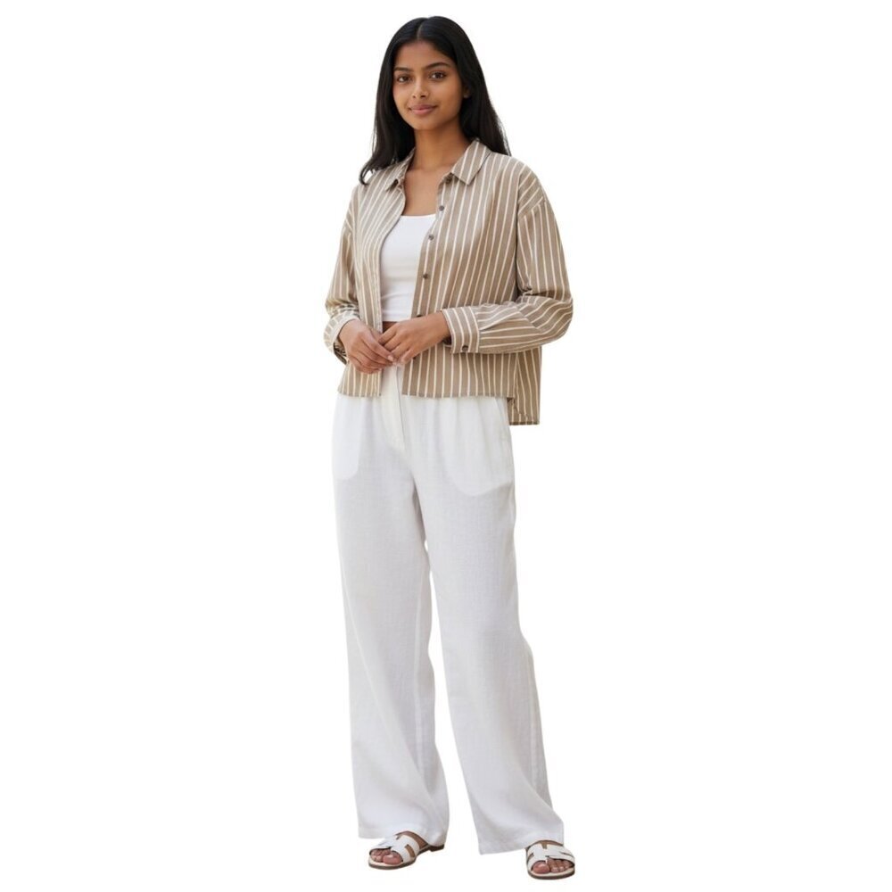 Everlane Womens Boxy Cropped Cotton Shirt~Size M~Tan/White Stripe PJ Top L15 05